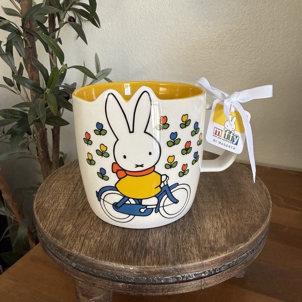 MIFFY‎ By Magenta Yellow Interior Bunny On A Bike w/ Spring Flowers Ceramic Mug